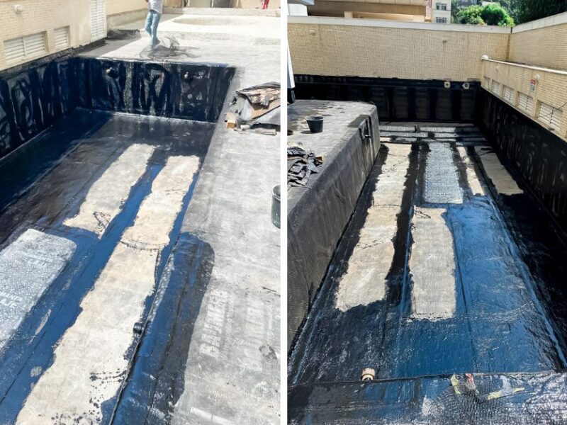 Piscina com manta asfáltica recém-aplicada pela Remod Reformas no Rio de Janeiro para impermeabilização e preparo do revestimento