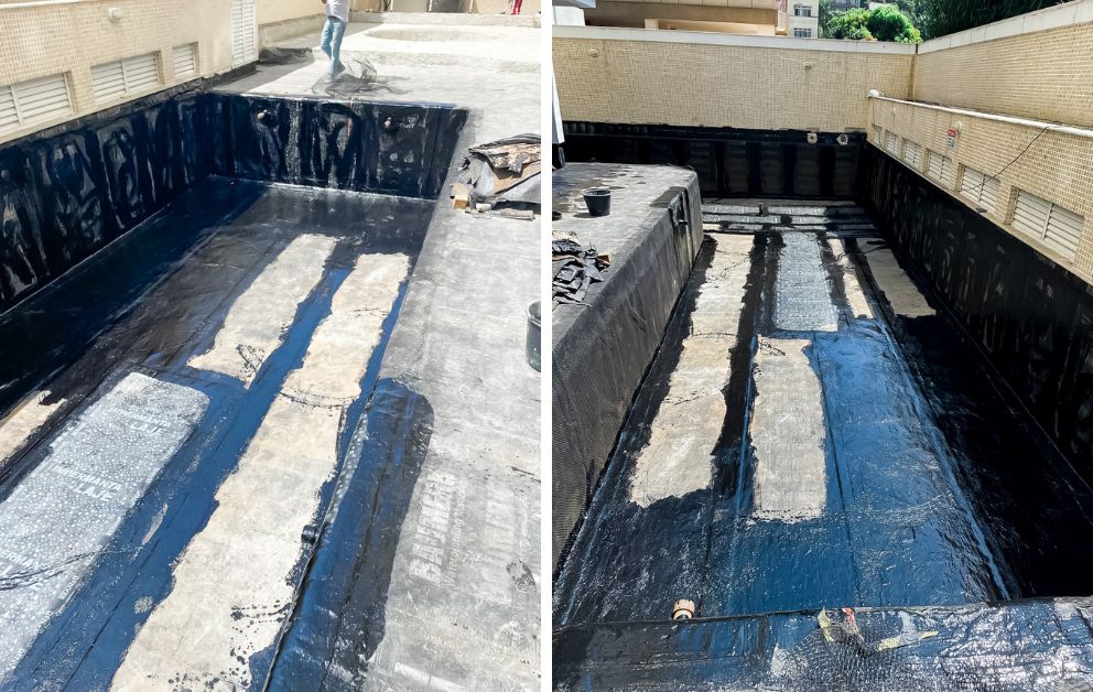 Piscina com manta asfáltica recém-aplicada pela Remod Reformas no Rio de Janeiro para impermeabilização e preparo do revestimento