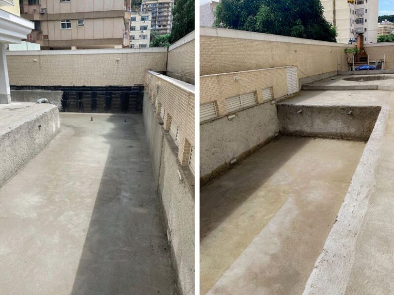 Piscina de condomínio com contrapiso em cimento recém-regularizado pela Remod Reformas no Rio de Janeiro, pronta para impermeabilização