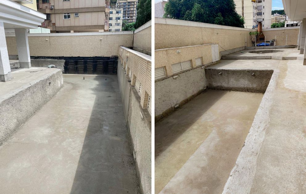Piscina de condomínio com contrapiso em cimento recém-regularizado pela Remod Reformas no Rio de Janeiro, pronta para impermeabilização