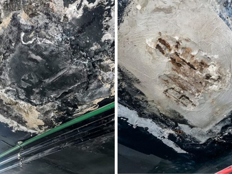 Teto de garagem com infiltração grave e concreto deteriorado antes da recuperação pela Remod Reformas no Rio de Janeiro