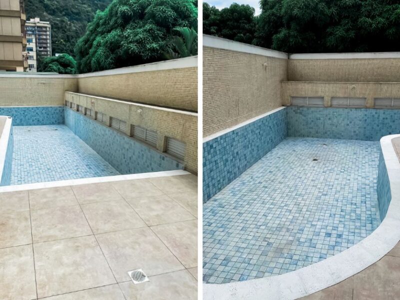 Piscina de condomínio revitalizada pela Remod Reformas no Rio de Janeiro, com novo revestimento de pastilhas azuis e borda em porcelanato