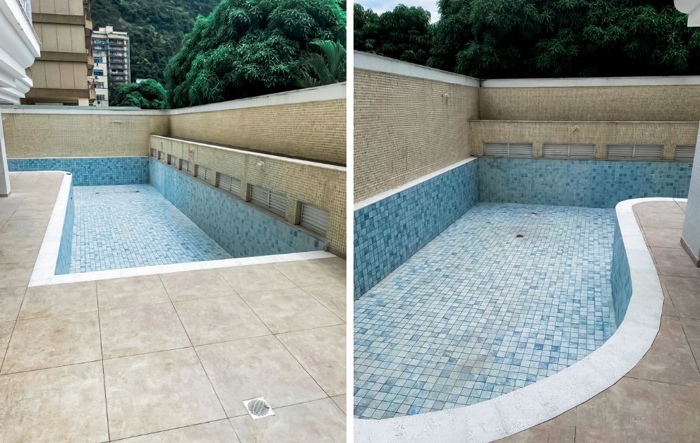Piscina de condomínio revitalizada pela Remod Reformas no Rio de Janeiro, com novo revestimento de pastilhas azuis e borda em porcelanato