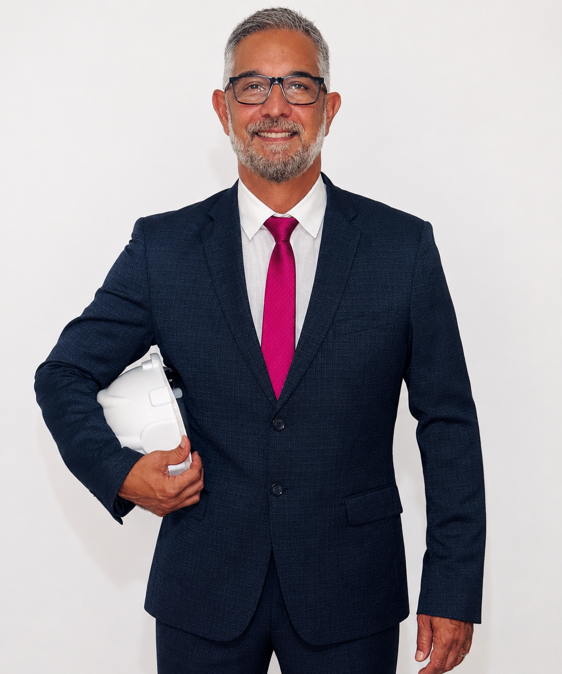 Marcio Carvalho em retrato profissional, usando terno azul-marinho, gravata rosa e segurando um capacete branco, em fundo neutro.